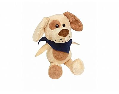 Plush dog with navy blue triangle scarf