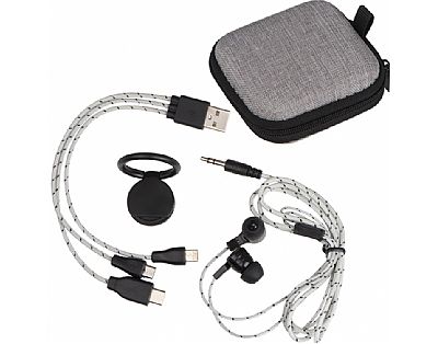Rreissetje met koptelefoon, oplaadkabel ent standaard Rreissetje met koptelefoon, oplaadkabel ent standaard